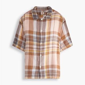 Levi’s Men’s Short Sleeve Slouchy Button Up Shirt Plaid Hemp Cotton Pink Salmon